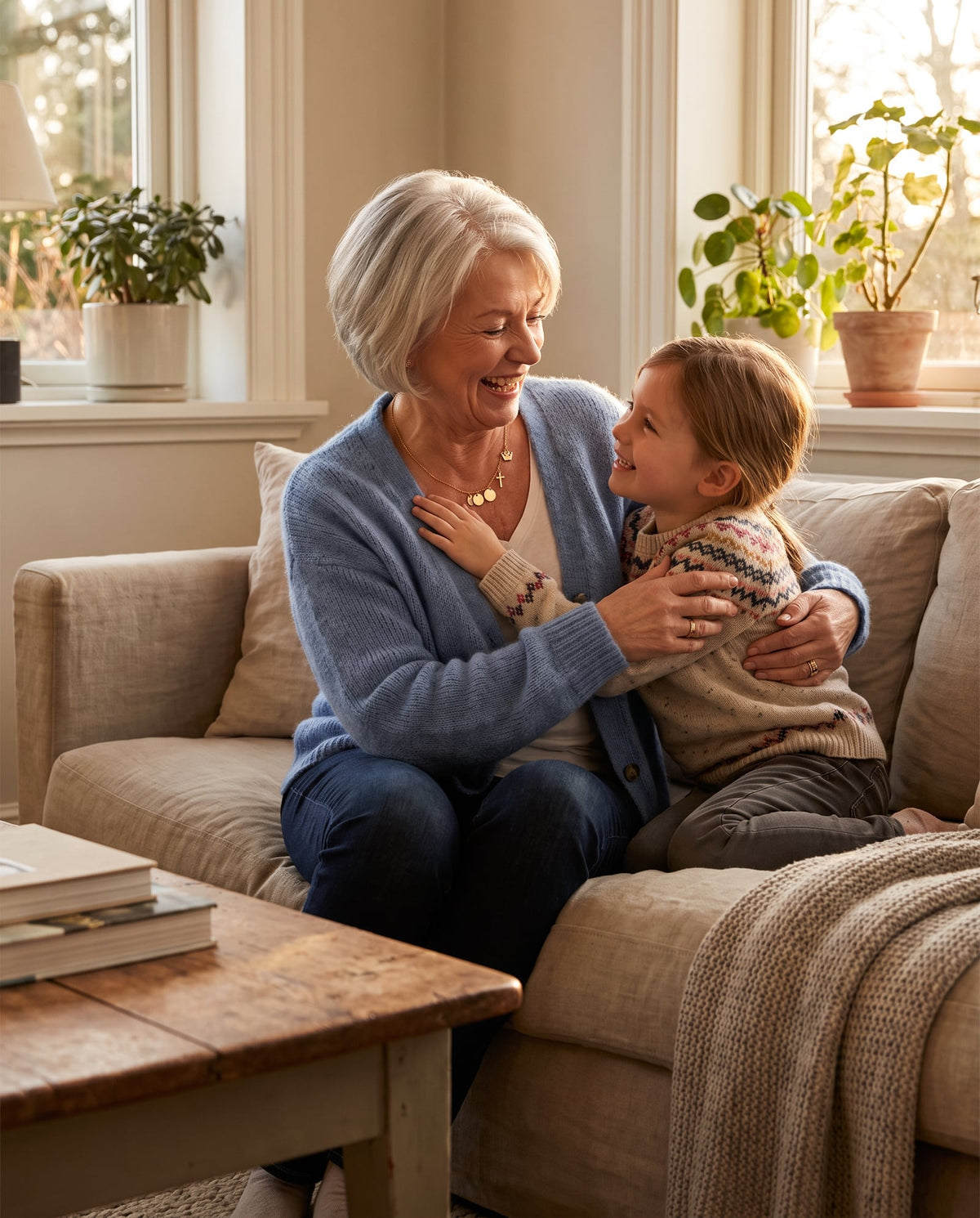 A grandmother wearing her Blessed Nana necklace, hugged by her granddaughter