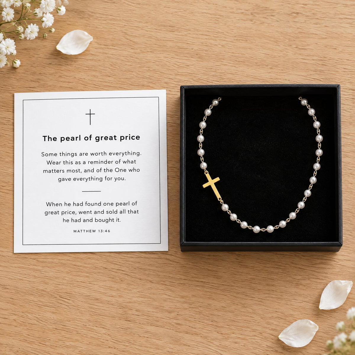 Gift box with "The pearl of great price" Matthew 13:46 verse card