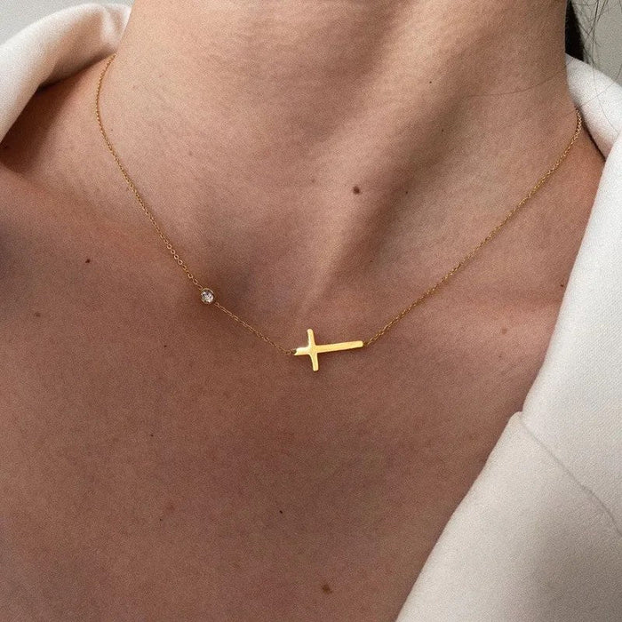 Sideways Cross Necklace with Crystal