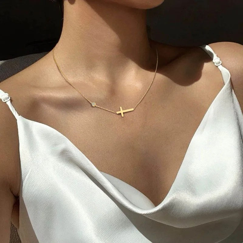 Sideways Cross Necklace with Crystal