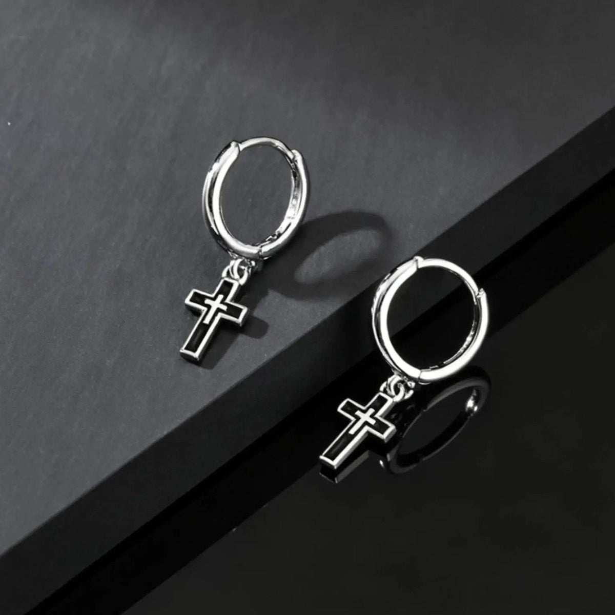 Black Cross Huggie Hoop Earrings