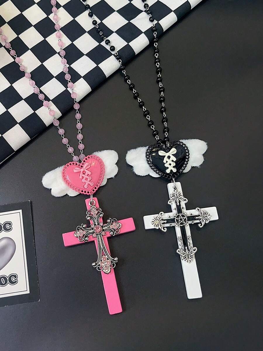 Winged Heart Pink Cross Necklace