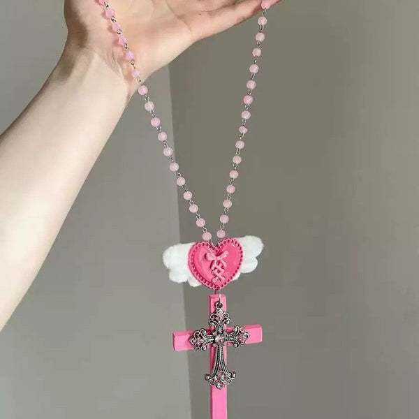 Winged Heart Pink Cross Necklace
