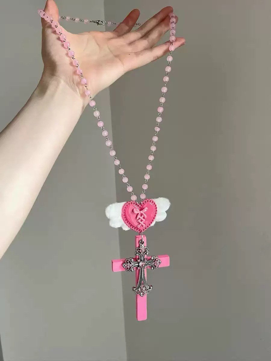 Winged Heart Pink Cross Necklace