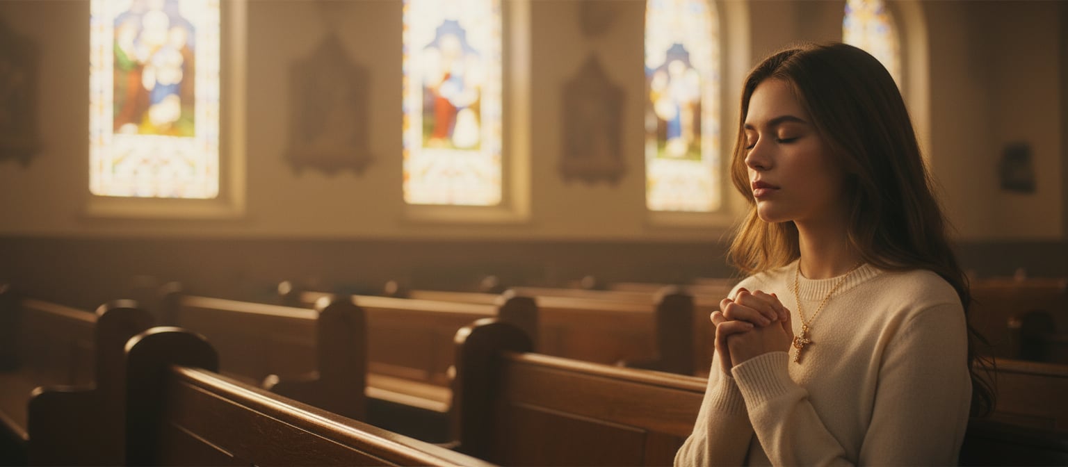 Woman praying in a church pew wearing a gold cross
