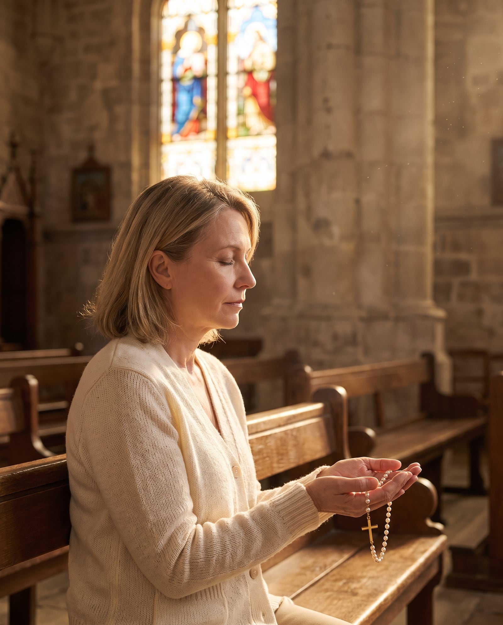 A woman praying in a church pew, holding the Pearl of Great Price Cross Necklace